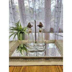 Vintage Mikasa Cruet Set, Oil & Vinegar, Grape Stopper, Silver Plate Holder